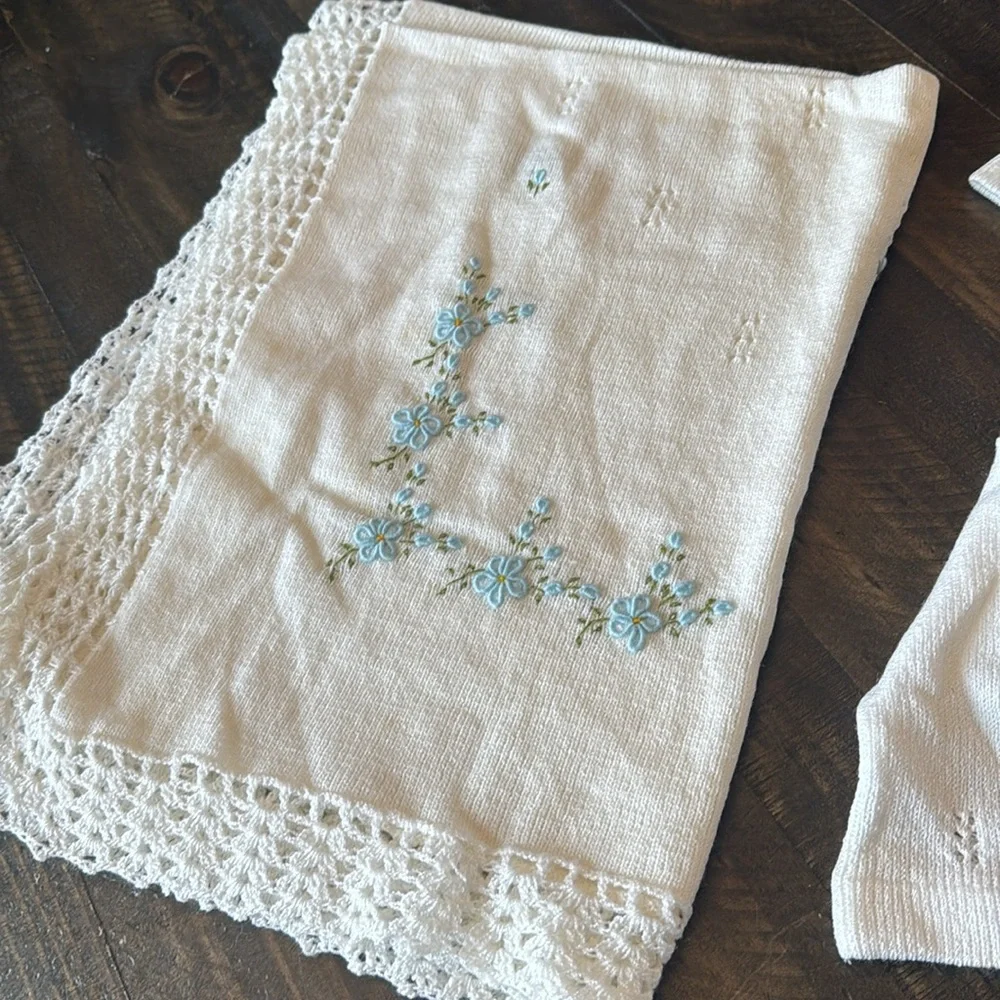 Handcrafted Vintage Baby Set - white Creamy color and knitted floral accent Blue